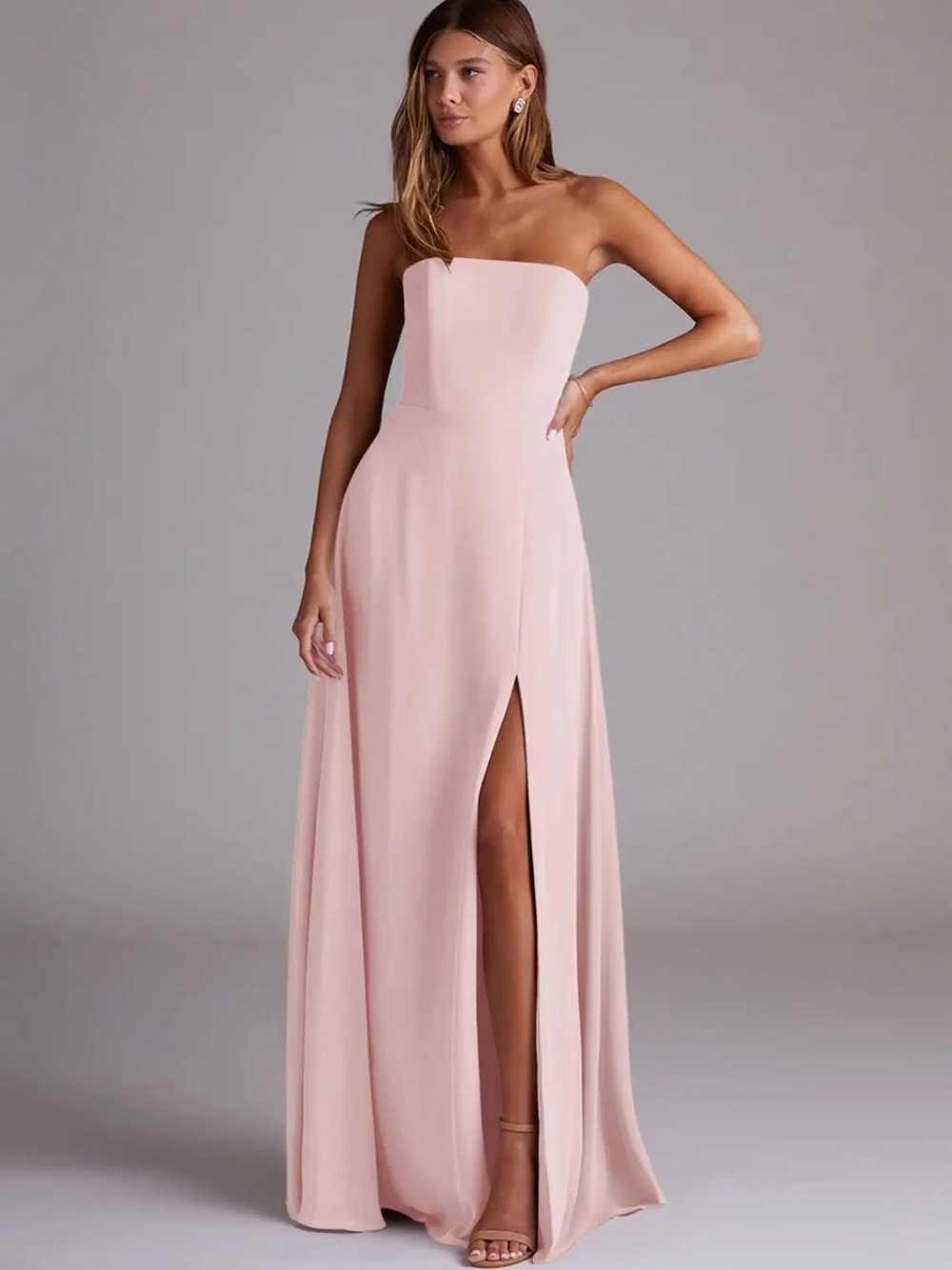 Azazie Wren Dress in Blushing Pink A-Line Side Slit Chiffon with Chiffon Scarf